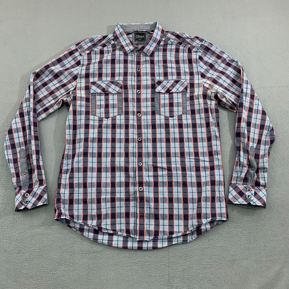 7 Diamonds Button Up Shirt Mens Large Plaid Flip Cuff Pockets Long Sleeve